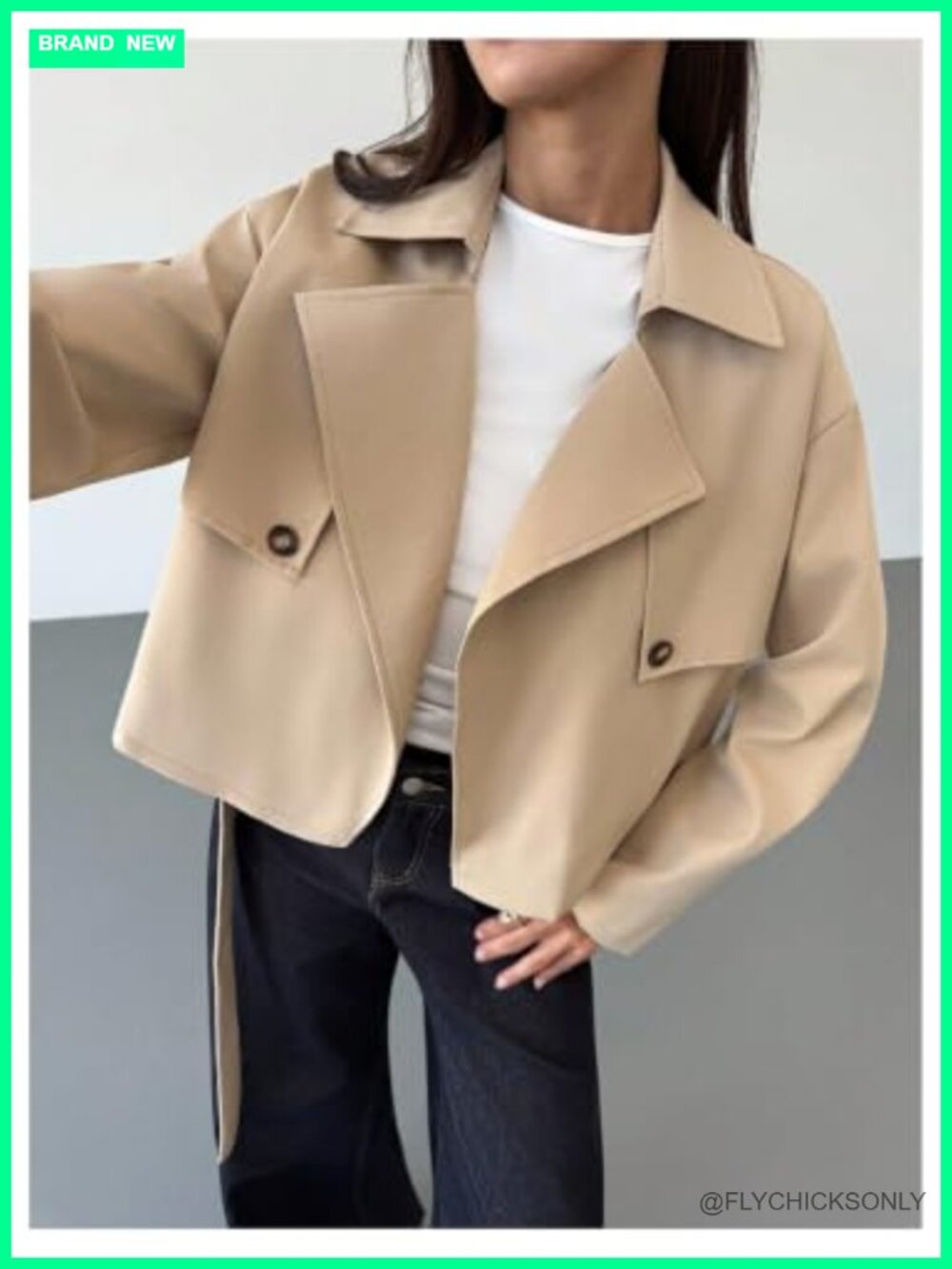Cropped Trench Coat Long Sleeve Belt Business Casual Work Outerwear - Picture 3 of 4